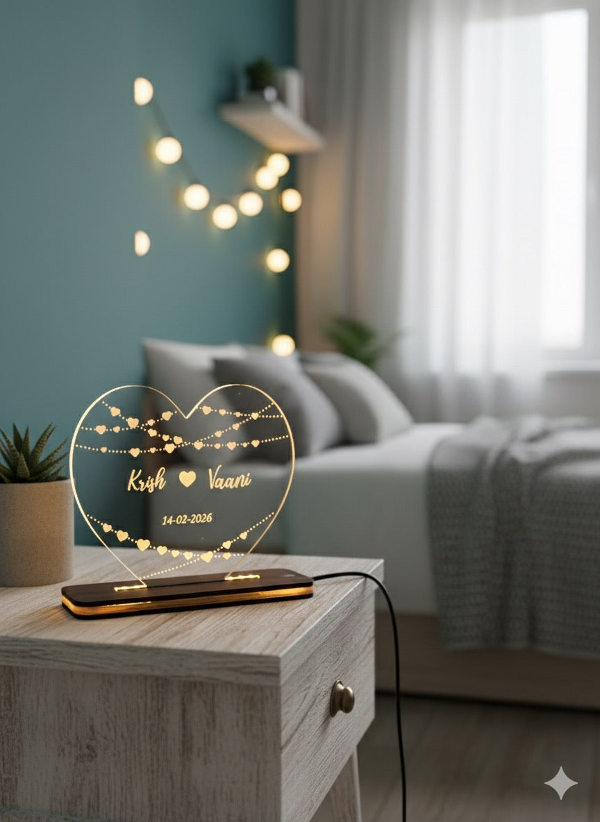 Couple's Heart Shape LED Lamp - Romantic Bedside Decor with String Lights Design