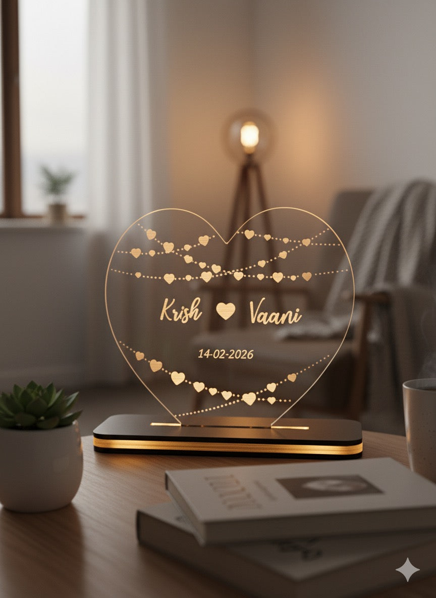 Couple's Heart Shape LED Lamp - Romantic Bedside Decor with String Lights Design