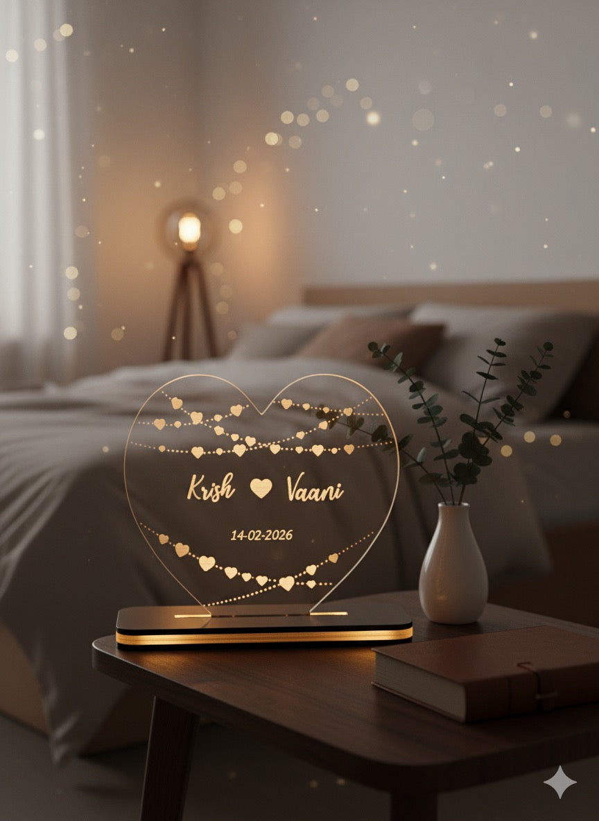 Couple's Heart Shape LED Lamp - Romantic Bedside Decor with String Lights Design