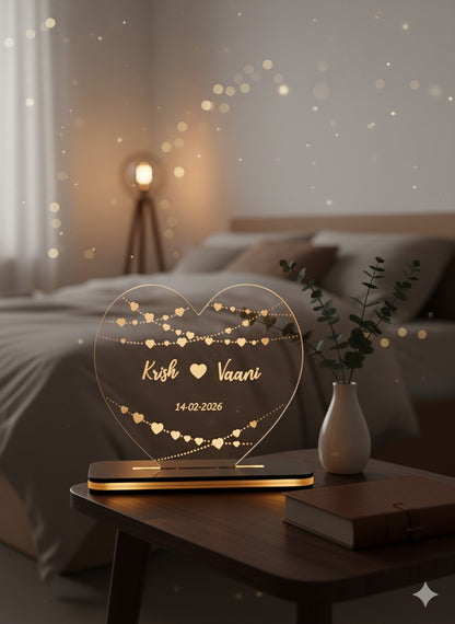 Couple's Heart Shape LED Lamp - Romantic Bedside Decor with String Lights Design