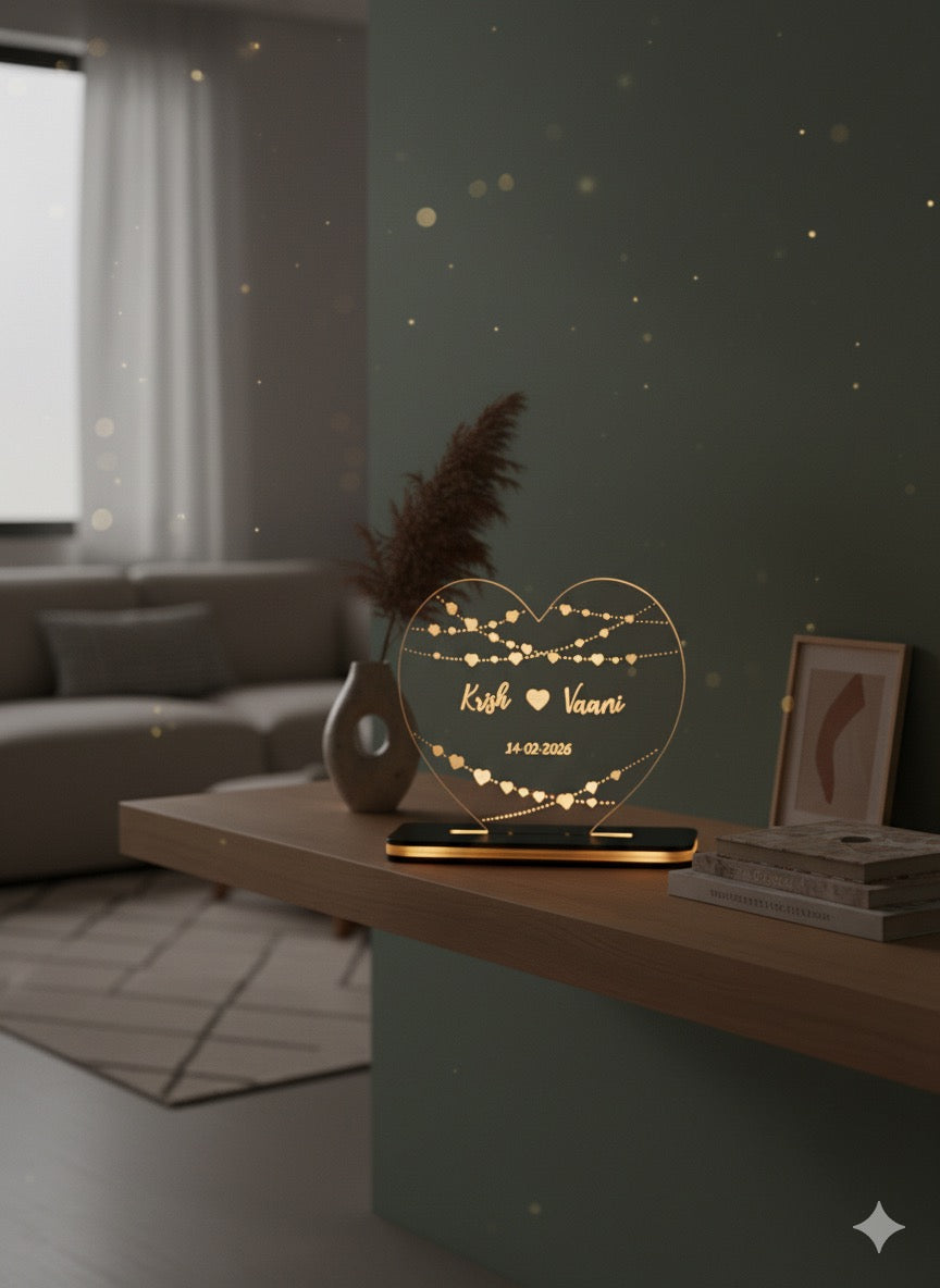 Couple's Heart Shape LED Lamp - Romantic Bedside Decor with String Lights Design