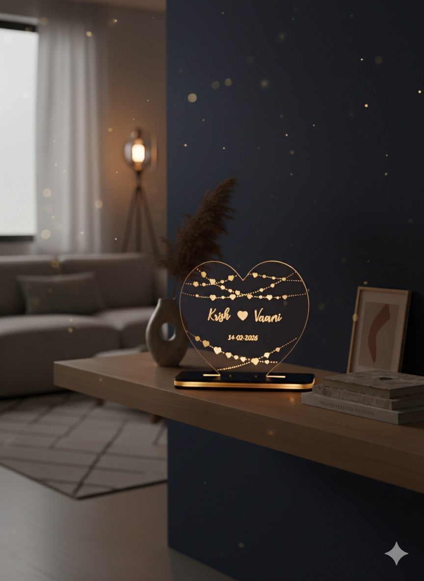 Couple's Heart Shape LED Lamp - Romantic Bedside Decor with String Lights Design